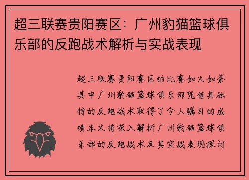 超三联赛贵阳赛区：广州豹猫篮球俱乐部的反跑战术解析与实战表现