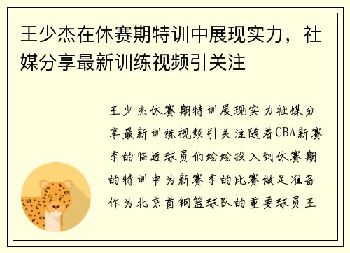 王少杰在休赛期特训中展现实力，社媒分享最新训练视频引关注