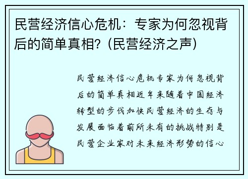 民营经济信心危机：专家为何忽视背后的简单真相？(民营经济之声)