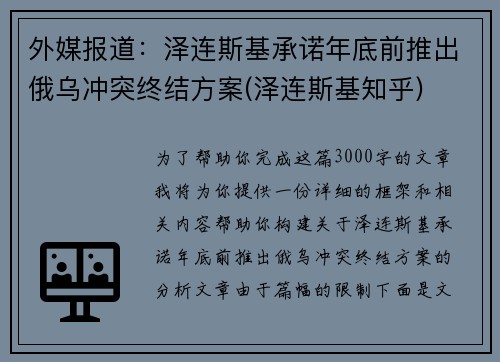 外媒报道：泽连斯基承诺年底前推出俄乌冲突终结方案(泽连斯基知乎)