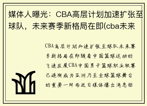 媒体人曝光：CBA高层计划加速扩张至球队，未来赛季新格局在即(cba未来会扩军到多少球队)