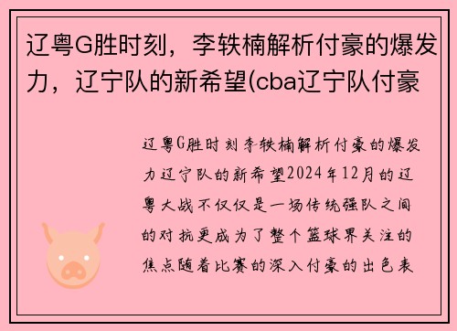 辽粤G胜时刻，李轶楠解析付豪的爆发力，辽宁队的新希望(cba辽宁队付豪)