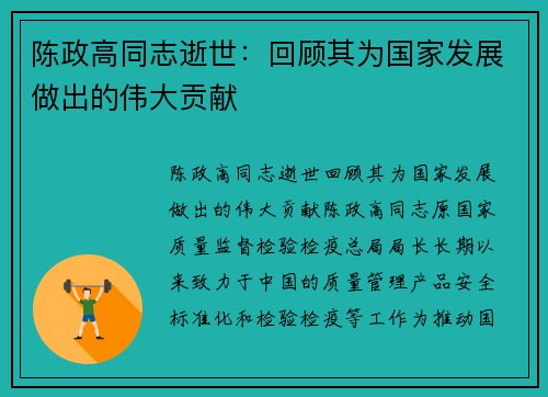 陈政高同志逝世：回顾其为国家发展做出的伟大贡献